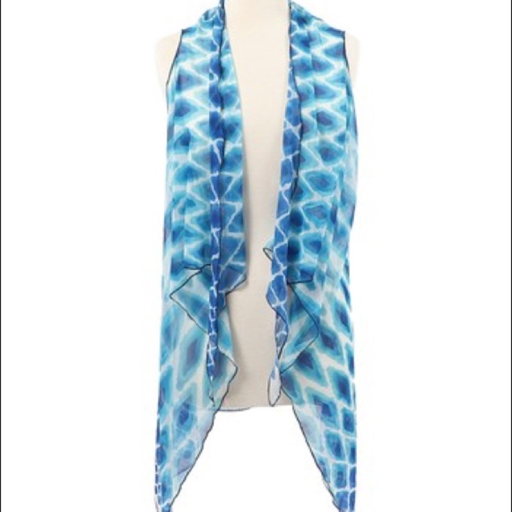 Blue/white/turquoise snake pattern Shawl collar sheer side-tail scarf vest NWT